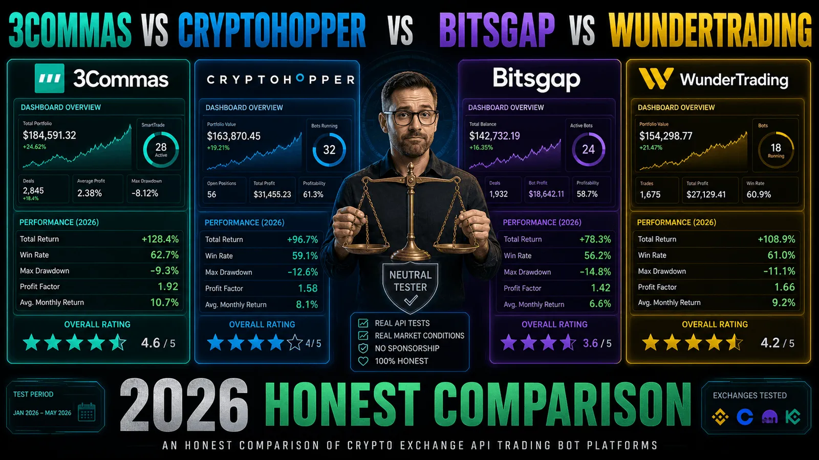 3Commas vs Cryptohopper vs Bitsgap vs Wundertrading: An Honest 2026 Comparison of Crypto Exchange API Trading Bot Platforms